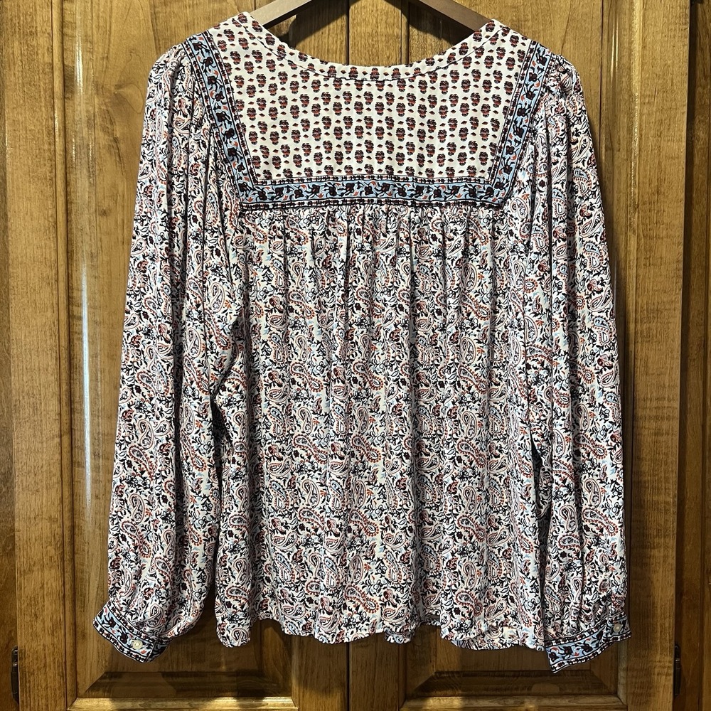 GAP Long‎ Sleeve Split Neck Paisley Ivory Frost Blouse, Size L